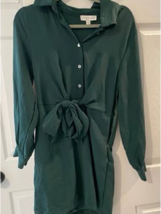 Dresses & Skirts - Tie-Waist Long Sleeve Shirt Dress in Deep Green